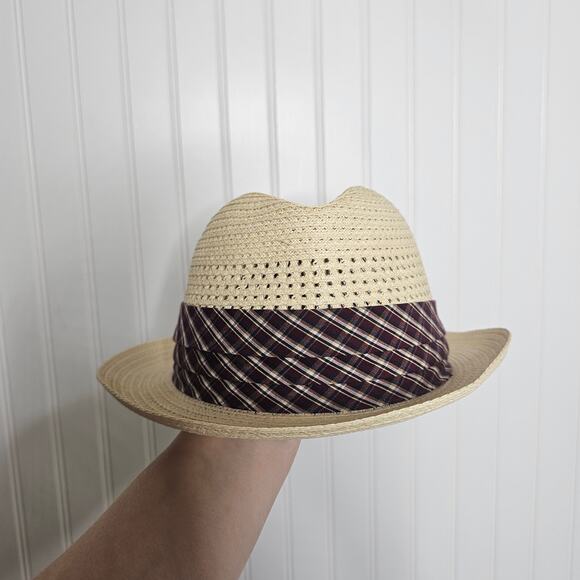 Beaver Brand Hats Straw Trilby Fedora Hat Milanette Weave Buffalo Nickel Plaid - Picture 4 of 11